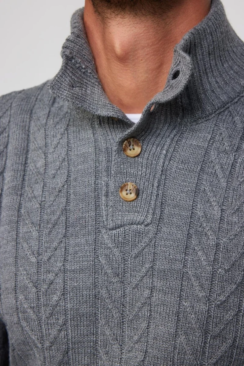تودورس Men's Slim Fit Slim Cut Soft Textured Patterned Stand Collar Buttoned Knitwear Gray Sweater