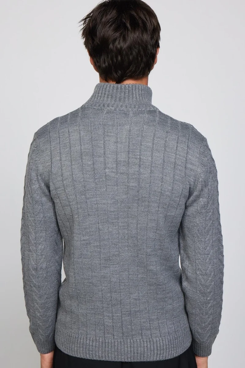 تودورس Men's Slim Fit Slim Cut Soft Textured Patterned Stand Collar Buttoned Knitwear Gray Sweater