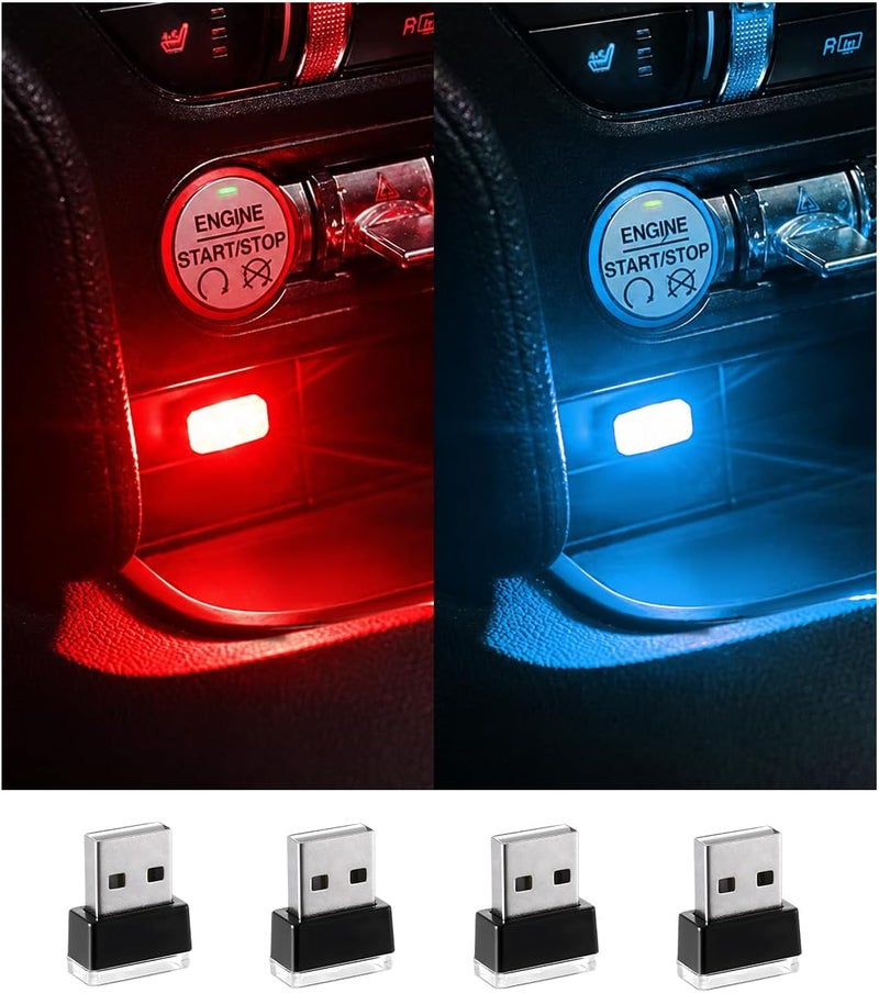 Augeny 4 PCS USB LED Car Interior Atmosphere Lamp, Plug-in USB Decor Night Light, Portable Auto Ambient Lighting Kit, Universal Vehicle Interior Accessories for Most Cars (2 Red+2 Ice Blue) - Image 1
