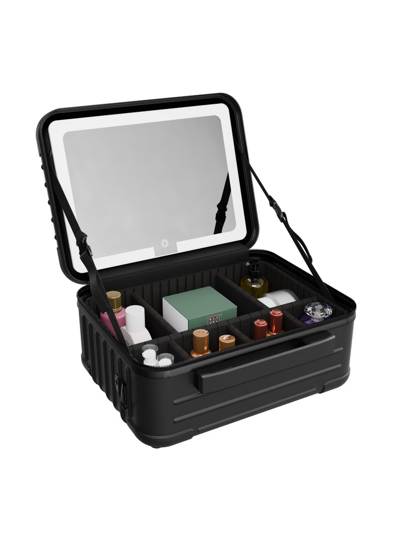 بورودو حقيبة مكياج للسفر مع مرآة LED وإضاءة قابلة للتعديل / إكسسوارات شعر / مرآة قابلة للفصل / مرآة محمولة وإكسسوارات مكياج / مقاس سفر 12 بوصة - أسود - Image 1