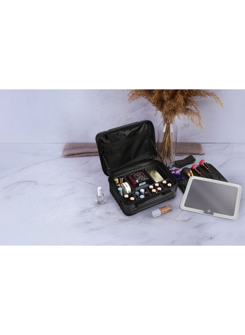 porodo Lifestyle Travel Makeup Bag with LED Mirror and Adjustable Brightness / Hair Accessories / Detachable Mirror / Portable Mirror and Makeup Accessories / 12" Travel Size - Black - Image 2