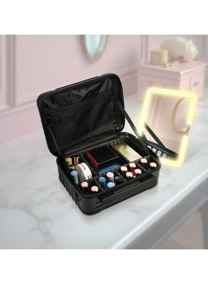 porodo Lifestyle Travel Makeup Bag with LED Mirror and Adjustable Brightness / Hair Accessories / Detachable Mirror / Portable Mirror and Makeup Accessories / 12" Travel Size - Black - Image 3