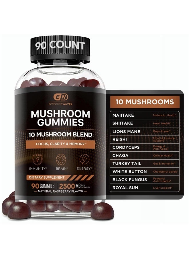 Effective Nutra Mushroom Gummies 10 Blend - Mushroom Complex 2500mg - Brain Booster, Immune Support, Energy - Mushroom Supplement for Men & Women (90ct) - Image 1