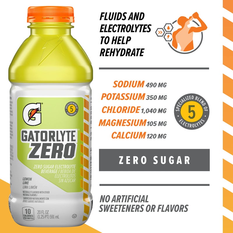 Gatorlyte Zero Electrolyte Beverage, Lemon Lime, Zero Sugar Hydration, Specialized Blend of 5 Electrolytes, No Artificial Sweeteners or Flavors, 20 Fl Oz Bottles (Pack of 12) - Image 2