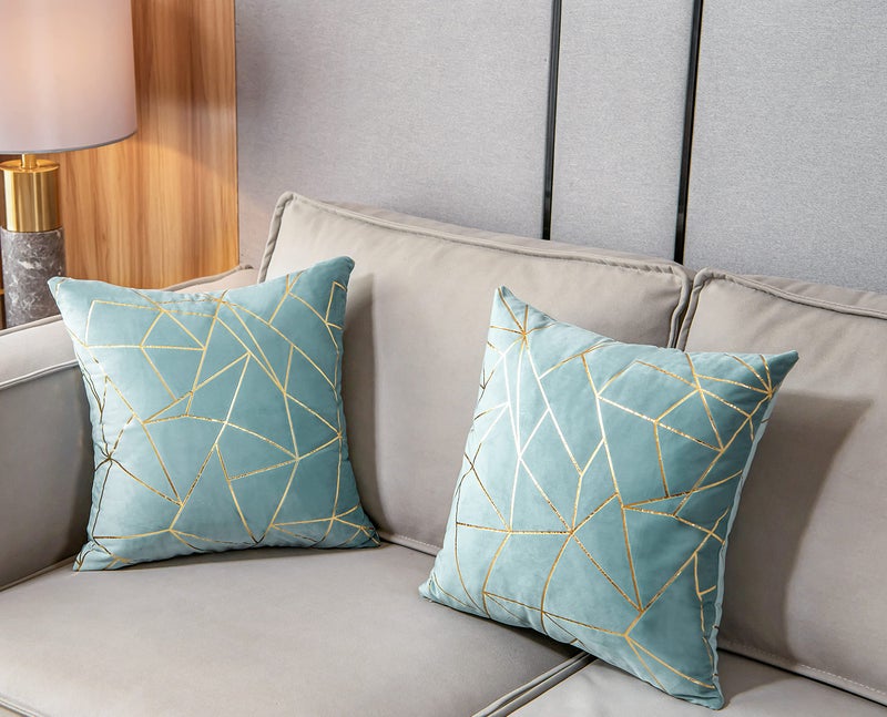 YONGLIU YONGLIU Pack of 2 Velvet Cushion Cases Decorative Gold Foil Geometric Pattern Soft Square Throw Pillow Covers for Modern Homes Couch Sofa Bedroom Living Room Car(Light Blue and Gold  18X18 )  - Image 3