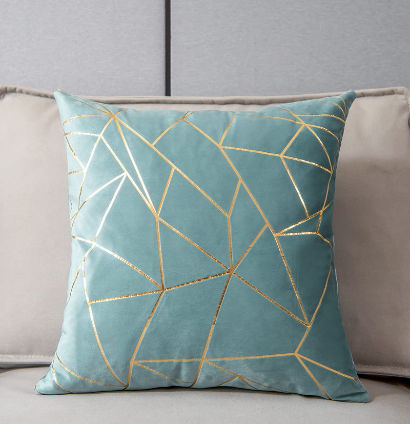 YONGLIU YONGLIU Pack of 2 Velvet Cushion Cases Decorative Gold Foil Geometric Pattern Soft Square Throw Pillow Covers for Modern Homes Couch Sofa Bedroom Living Room Car(Light Blue and Gold  18X18 )  - Image 2