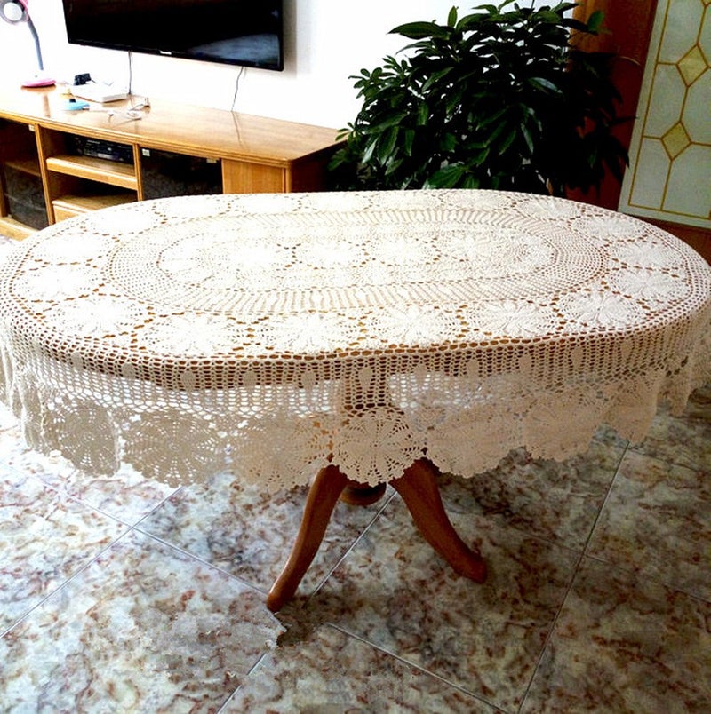 USTIDE Vintage Oval Crochet Tablecloth Beige Cotton Lace Table Cover Rustic Oval Table Overaly for Wedding/Party  59""x82.6"" - Image 4