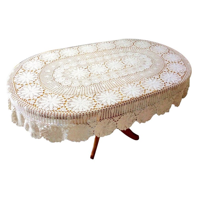 USTIDE Vintage Oval Crochet Tablecloth Beige Cotton Lace Table Cover Rustic Oval Table Overaly for Wedding/Party  59""x82.6"" - Image 1