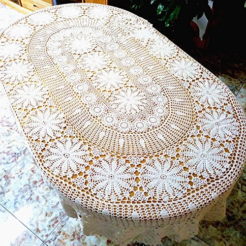 USTIDE Vintage Oval Crochet Tablecloth Beige Cotton Lace Table Cover Rustic Oval Table Overaly for Wedding/Party  59""x82.6"" - Image 5