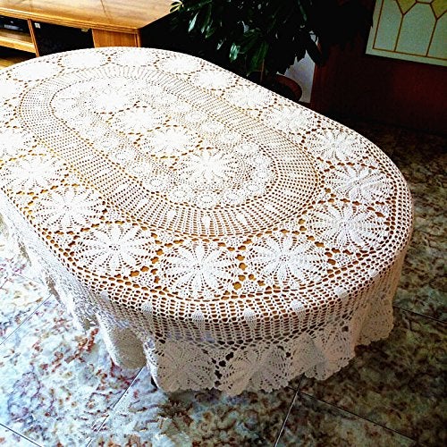 USTIDE Vintage Oval Crochet Tablecloth Beige Cotton Lace Table Cover Rustic Oval Table Overaly for Wedding/Party  59""x82.6"" - Image 3