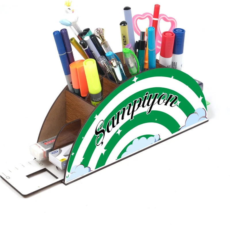 نوتبا Wooden Green White Rainbow Ruler Desktop Pen Holder Box Organizer For Kids gk6