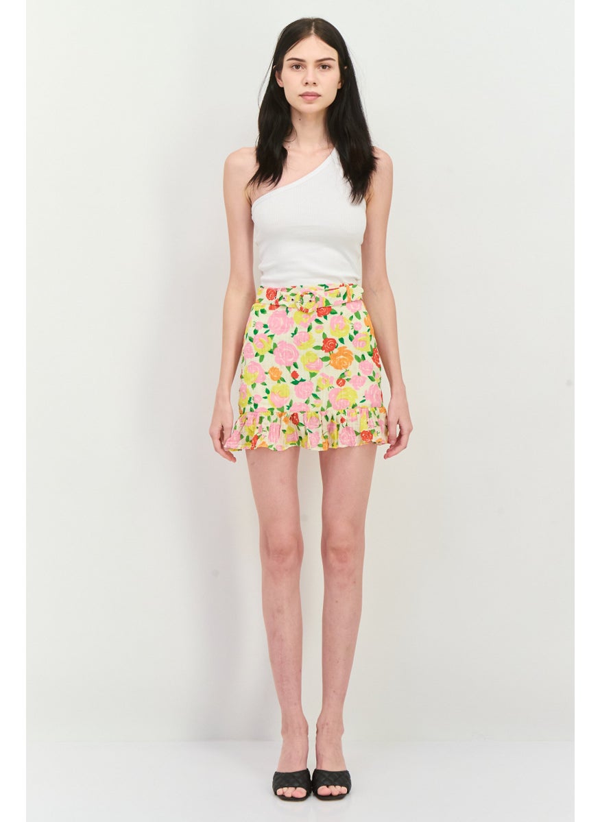 MANGO Women Floral Print Flounce Mini Skirt, Yellow  - Image 4