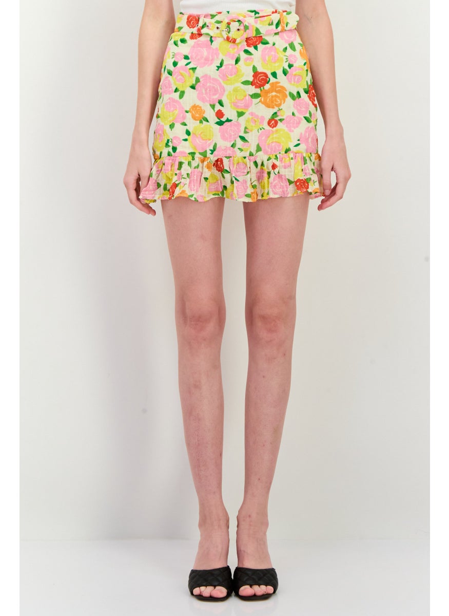 MANGO Women Floral Print Flounce Mini Skirt, Yellow  - Image 1