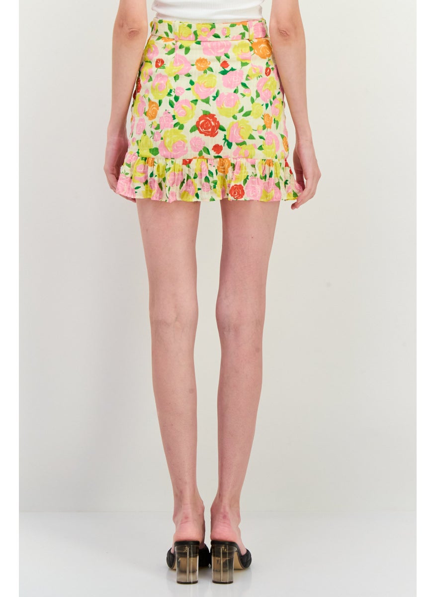 MANGO Women Floral Print Flounce Mini Skirt, Yellow  - Image 3