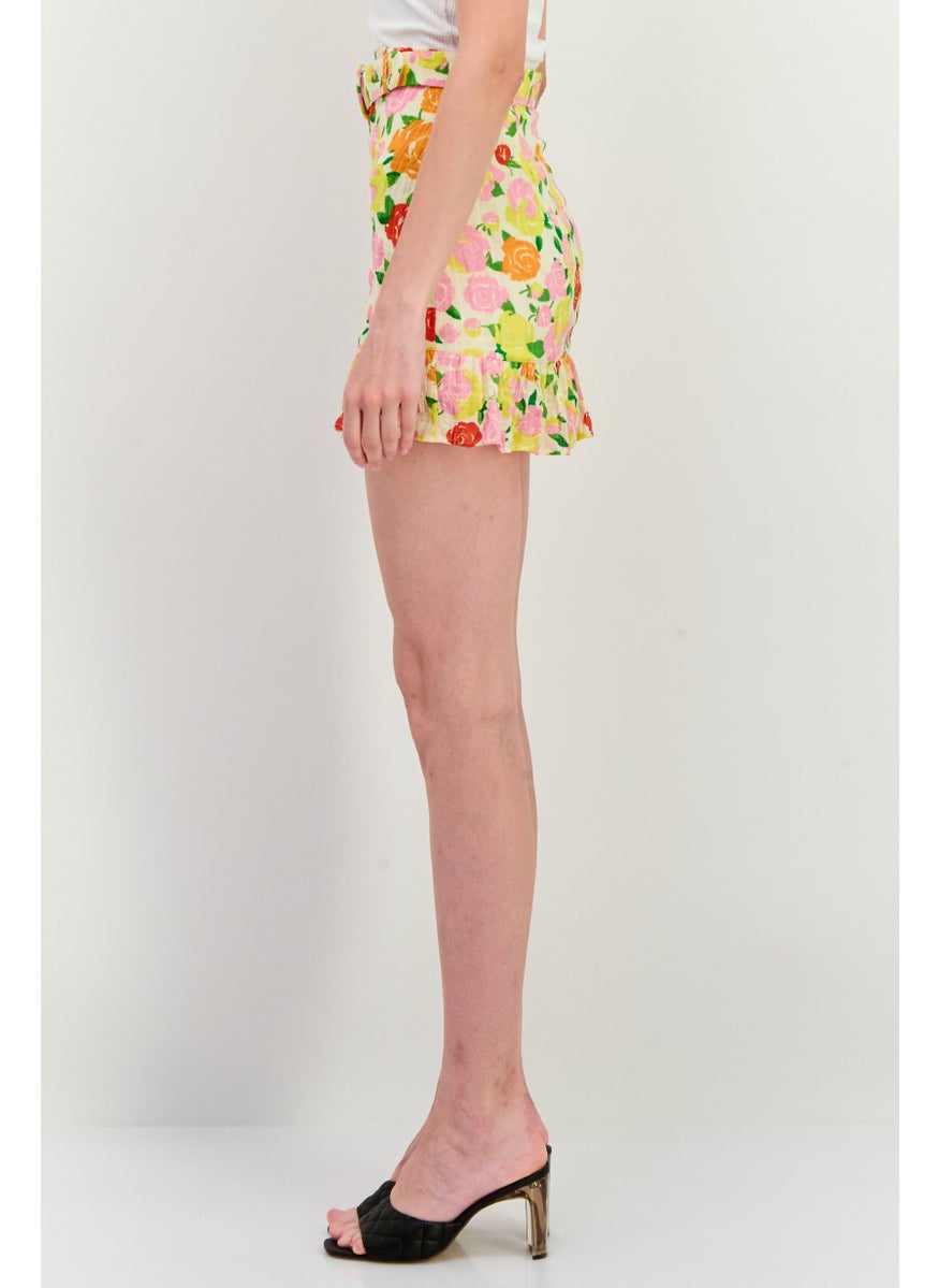 MANGO Women Floral Print Flounce Mini Skirt, Yellow  - Image 2