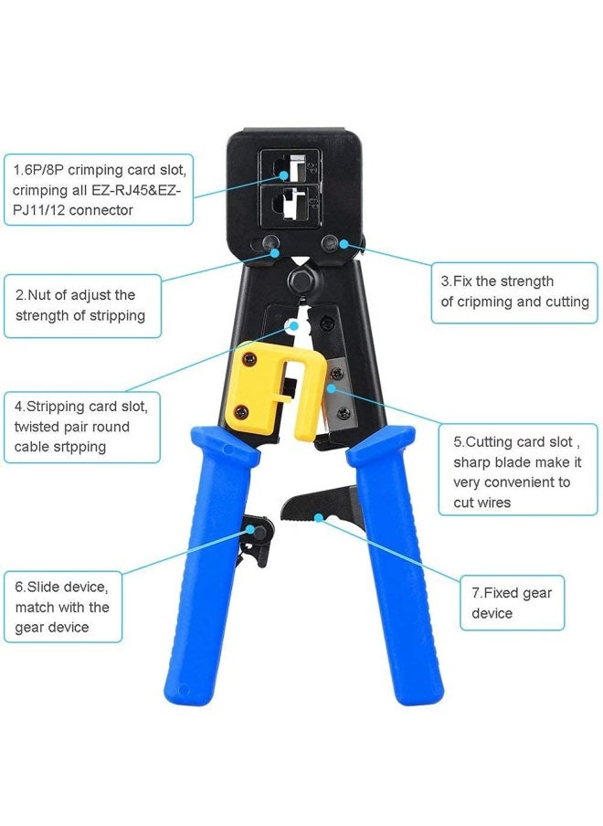 Generic - Petechtool Rj45 Professional Crimp Tool Pass Through Cat5 Cat5E Cat6 Heavy Duty Crimping Tool Blue For Rj45 Rj12 Regular And End-Pass-Through Connectors With 20Pieces Rj45 Cat6 Connectors And 5 Free B - Image 1