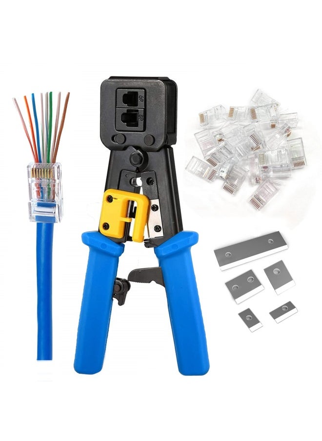 Generic - Petechtool Rj45 Professional Crimp Tool Pass Through Cat5 Cat5E Cat6 Heavy Duty Crimping Tool Blue For Rj45 Rj12 Regular And End-Pass-Through Connectors With 20Pieces Rj45 Cat6 Connectors And 5 Free B - Image 1