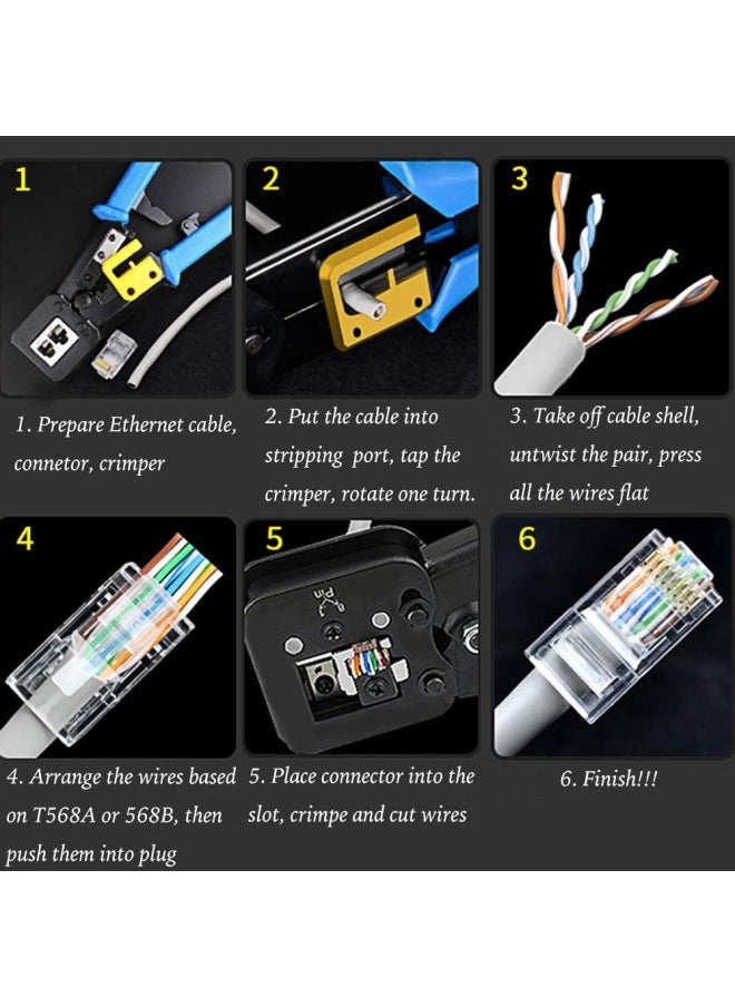 Generic - Petechtool Rj45 Professional Crimp Tool Pass Through Cat5 Cat5E Cat6 Heavy Duty Crimping Tool Blue For Rj45 Rj12 Regular And End-Pass-Through Connectors With 20Pieces Rj45 Cat6 Connectors And 5 Free B - Image 1