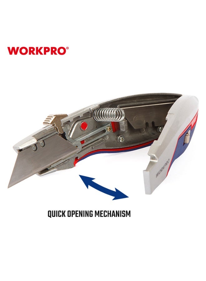 WORKPRO WP213011 Heavy Duty Aluminum Body Retractable Touch-Up Utility Knife + 3 Pcs Replacement Blades - Image 5
