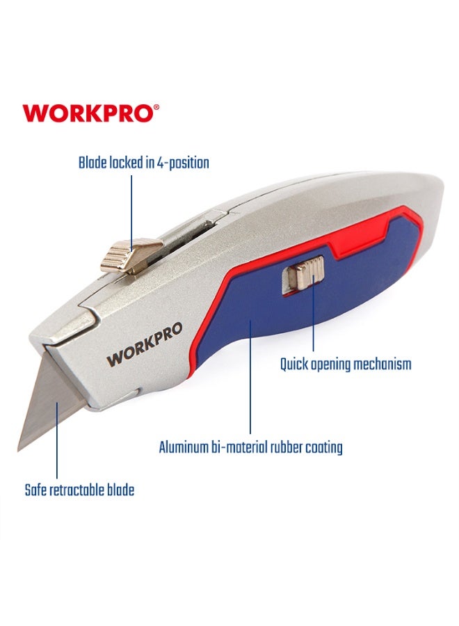 WORKPRO WP213011 Heavy Duty Aluminum Body Retractable Touch-Up Utility Knife + 3 Pcs Replacement Blades - Image 2