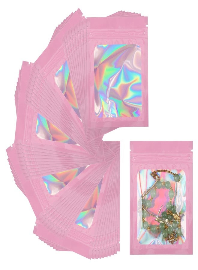 Svaldo Holographic Mylar Bags with Window, Pack of 100, Pink Ziplock Bags for Sample Jewelry Bracelet Packaging, Candy Packaging, Food Storage, 3.15x3.54 inch, 3 Mil - Image 1