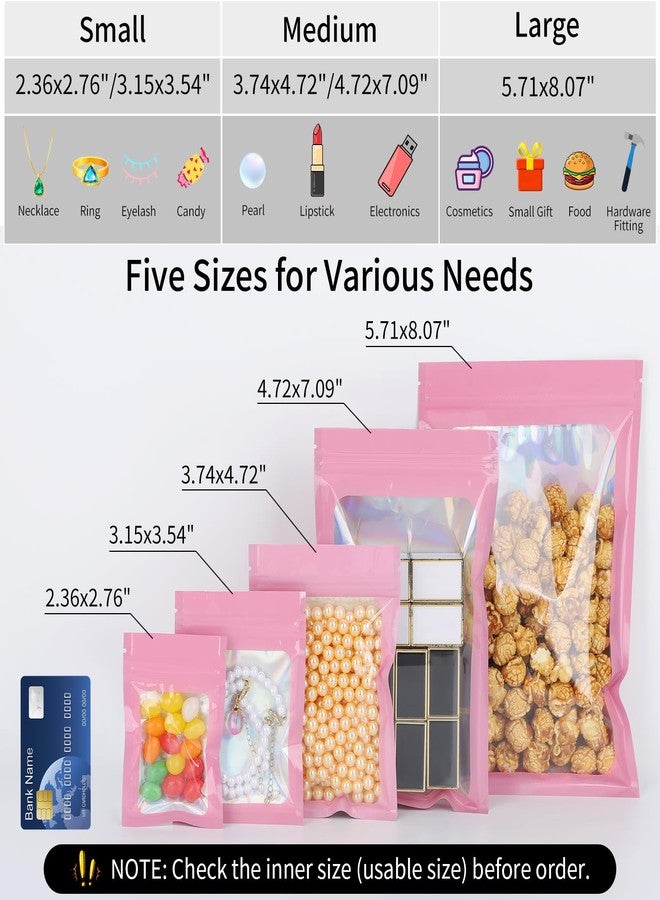 Svaldo Holographic Mylar Bags with Window, Pack of 100, Pink Ziplock Bags for Sample Jewelry Bracelet Packaging, Candy Packaging, Food Storage, 3.15x3.54 inch, 3 Mil - Image 4