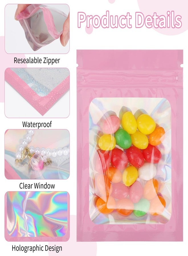 Svaldo Holographic Mylar Bags with Window, Pack of 100, Pink Ziplock Bags for Sample Jewelry Bracelet Packaging, Candy Packaging, Food Storage, 3.15x3.54 inch, 3 Mil - Image 3