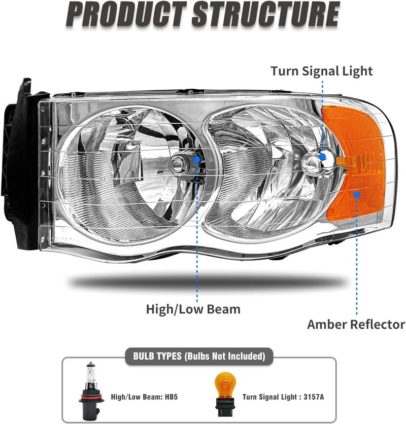 ADCARLIGHTS Headlight Assembly for 2002-2005 Dodge Ram Pickup Truck - Chrome Housing with Amber Reflector - Image 3