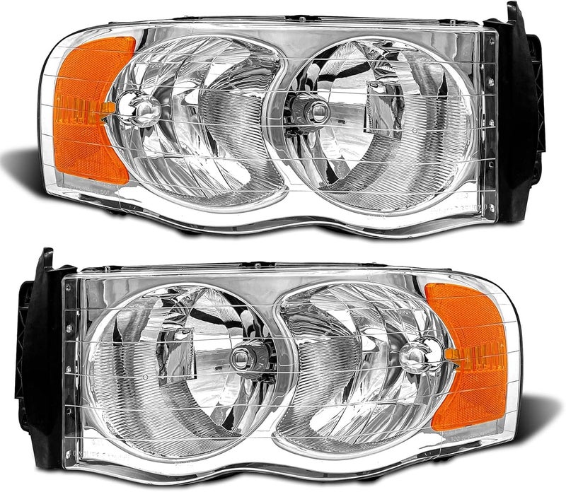 ADCARLIGHTS Headlight Assembly for 2002-2005 Dodge Ram Pickup Truck - Chrome Housing with Amber Reflector - Image 1