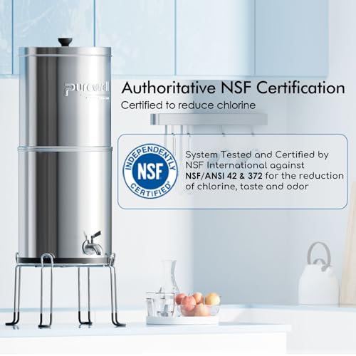 Purewell 3-Stage Gravity Fed Water Filter System, 2.25 Gallon Stainless Steel Countertop System with 2 Washable Ceramic Filters and Stand, Reduce up to 99% Chlorine, PW-OBT - Image 2