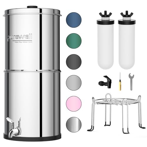 Purewell 3-Stage Gravity Fed Water Filter System, 2.25 Gallon Stainless Steel Countertop System with 2 Washable Ceramic Filters and Stand, Reduce up to 99% Chlorine, PW-OBT - Image 1