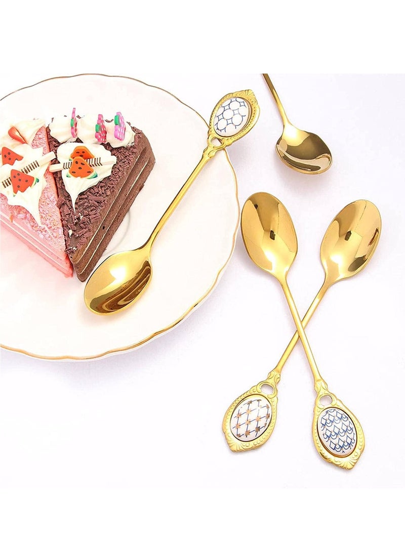 SYOSI Small Spoons Dessert Spoons Tiny Spoon Light Luxury Stainless Steel Golden Coffee Spoon Mixing Spoons with Ceramic Handle Stainless Steel Scoop Spoons Spoon Set Teaspoon Spoon Soup Spoon - Image 2