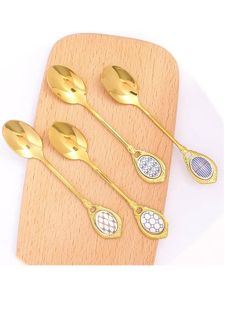 SYOSI Small Spoons Dessert Spoons Tiny Spoon Light Luxury Stainless Steel Golden Coffee Spoon Mixing Spoons with Ceramic Handle Stainless Steel Scoop Spoons Spoon Set Teaspoon Spoon Soup Spoon - Image 1