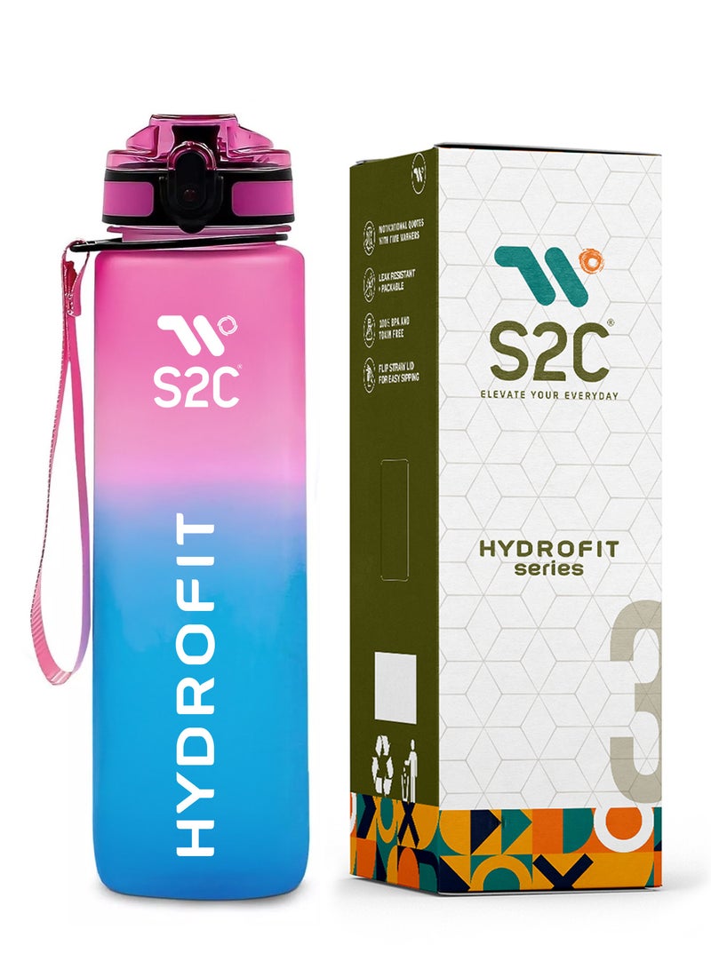 S2C™ Motivational Large Water Bottle 1L Tritan Plastic Water Bottle With Time Markers, Leak Proof Water Bottle For Kids, School Water Bottles Plastic Water Bottle Gym Bottle (BLUE-PINK) - Image 1