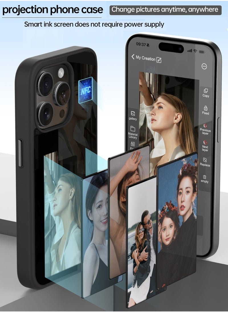 Smart NFC Ink Phone Case Compatible for iPhone 16 Pro Max, Customizable E-Ink Screen DIY Images Long-Lasting Display Fast Transmission (BLACK)