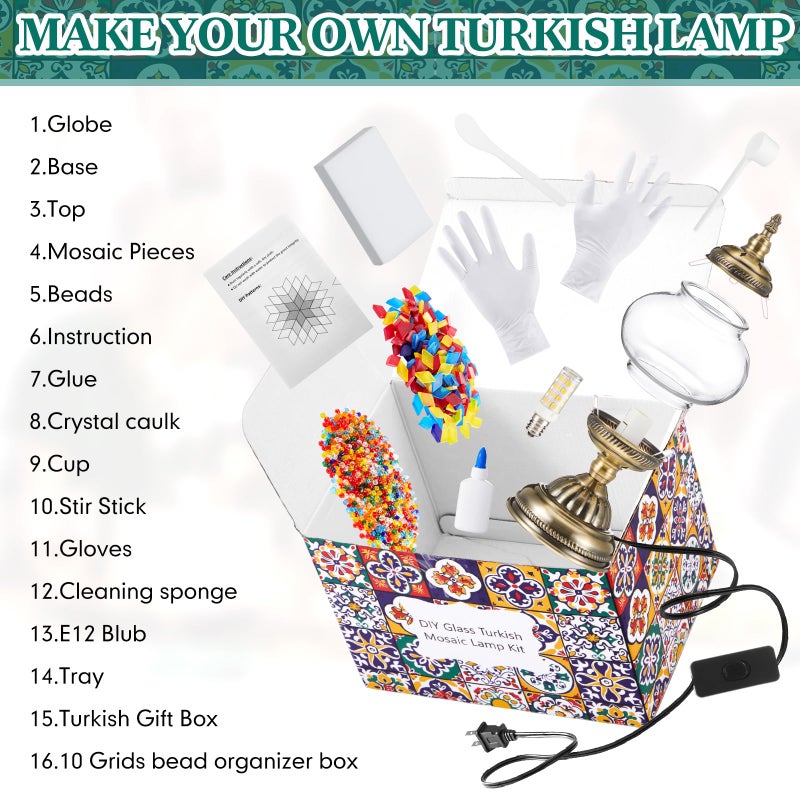 Baquler Turkish Mosaic Lamp Kit DIY Stained Glass Decorative Table Bedside Night Light Tabletop Bohemian Morrocan Lamp Crfat Kit for Living Room Decorations, Make Your Own(Multicolor) - Image 3