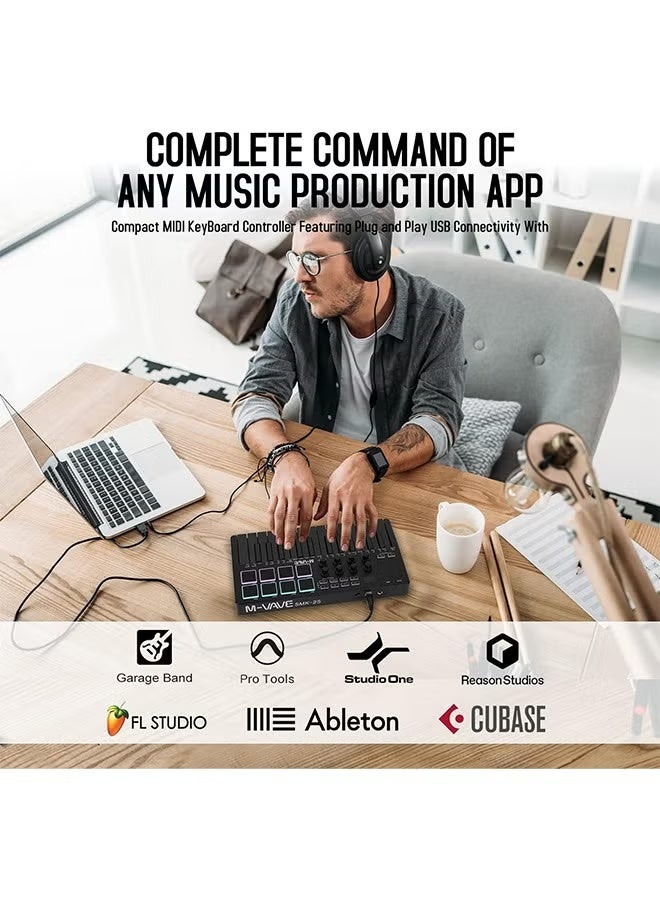 M-WAVE 25 Key USB MIDI Keyboard Controller With 8 Backlit Drum Pads, Bluetooth Semi Weighted Professional dynamic keybed 8 Knobs and Music Production,Software Included (Black) - Image 3