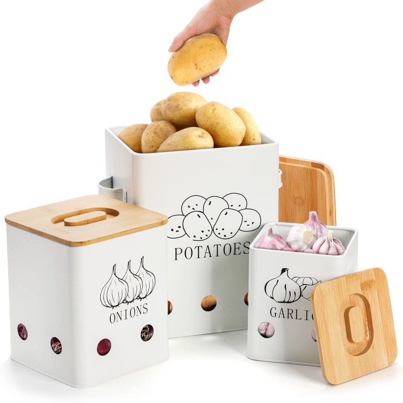 WUWEOT 3 Pack Vegetable Storage Tins, Metal Onion Garlic Potato Jars Set, Kitchen Canisters Vegetable Keeper Containers with Aerating Holes and Wooden Lid - Image 4