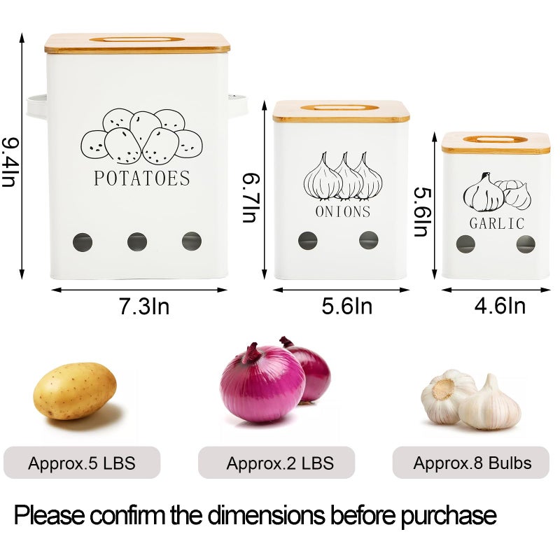 WUWEOT 3 Pack Vegetable Storage Tins, Metal Onion Garlic Potato Jars Set, Kitchen Canisters Vegetable Keeper Containers with Aerating Holes and Wooden Lid - Image 2