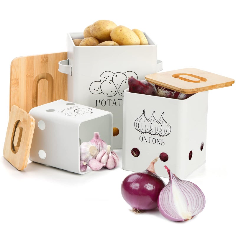 WUWEOT 3 Pack Vegetable Storage Tins, Metal Onion Garlic Potato Jars Set, Kitchen Canisters Vegetable Keeper Containers with Aerating Holes and Wooden Lid - Image 5