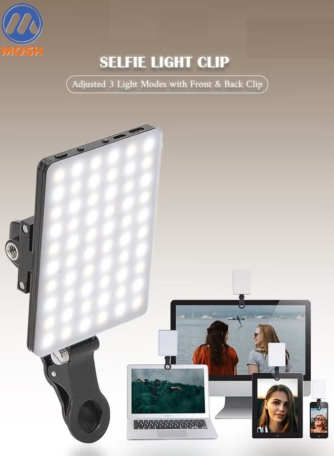 MOSH High-power 60-LED Rechargeable Selfie Light with Front & Back Clips, 3 Light Modes and 10 Brightness Levels, Ideal for Makeup, Selfies, Vlogs, Video Conferences on Smartphones, Tablets, Laptops - Image 1