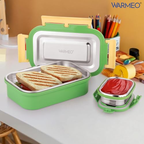 WARMEO Delight Insulated Stainless Steel Airtight Leak-Proof Lunch Box with Clip Lock Lid, Light Weight, Easy to Clean,Perfect for Office, School & Picnic Combo (800ml+150ml), Light Green & Yellow - Image 2