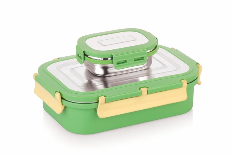 WARMEO Delight Insulated Stainless Steel Airtight Leak-Proof Lunch Box with Clip Lock Lid, Light Weight, Easy to Clean,Perfect for Office, School & Picnic Combo (800ml+150ml), Light Green & Yellow - Image 4