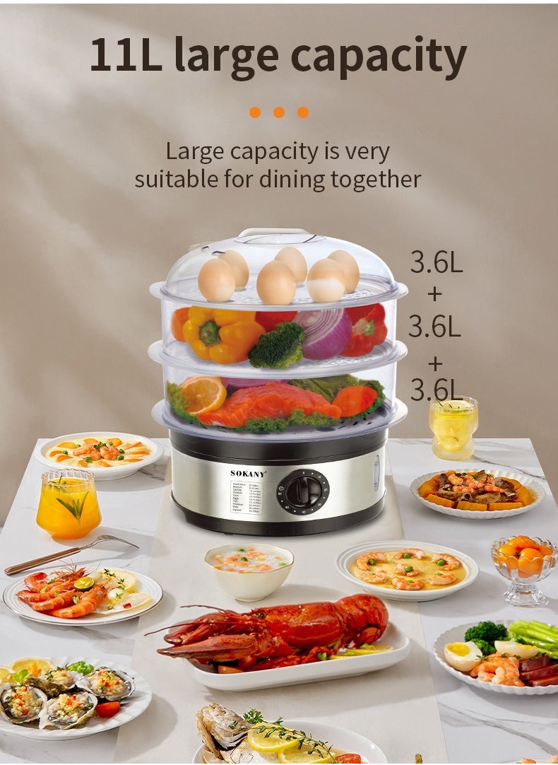 sokany 650W 11L Food Steamer, 3-Tier Detachable, 60-Minute Timer, and Dishwasher Safe, Makes Preparation Quick Easy SK-07018 Black  - Image 2