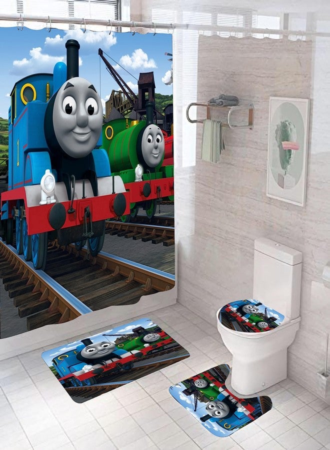 Frameless The Train Bathroom 4 Pieces Set Shower Curtain, Toilet Lid Cover and Bath Mat, Non-Slip Rugs, Durable and Waterproof, for Bathroom Decor Set, 72" x 72" - Image 1