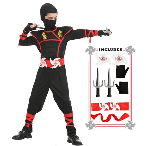 SATKULL Ninja Costumes Boy Ninja Costume Set Kids Halloween Ninjas Suit Halloween Cosplay Dressing up(Kids-M-6/7T Black) - Image 1
