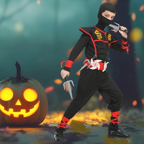 SATKULL Ninja Costumes Boy Ninja Costume Set Kids Halloween Ninjas Suit Halloween Cosplay Dressing up(Kids-M-6/7T Black) - Image 3