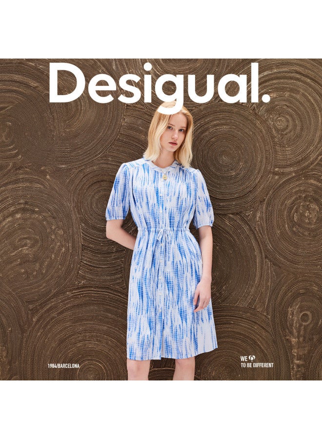 DESIGUAL waist-tied Belted Printed Silk Round-neck Puff-sleeve Dress - Image 5