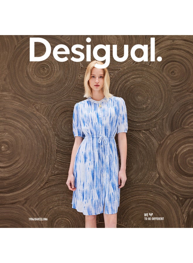 DESIGUAL waist-tied Belted Printed Silk Round-neck Puff-sleeve Dress - Image 4