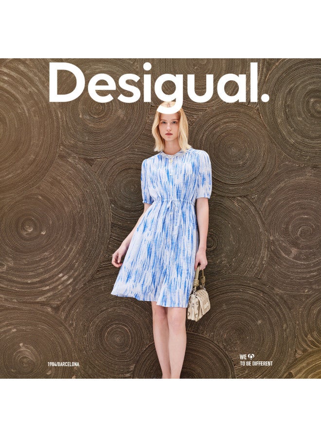 DESIGUAL waist-tied Belted Printed Silk Round-neck Puff-sleeve Dress - Image 2
